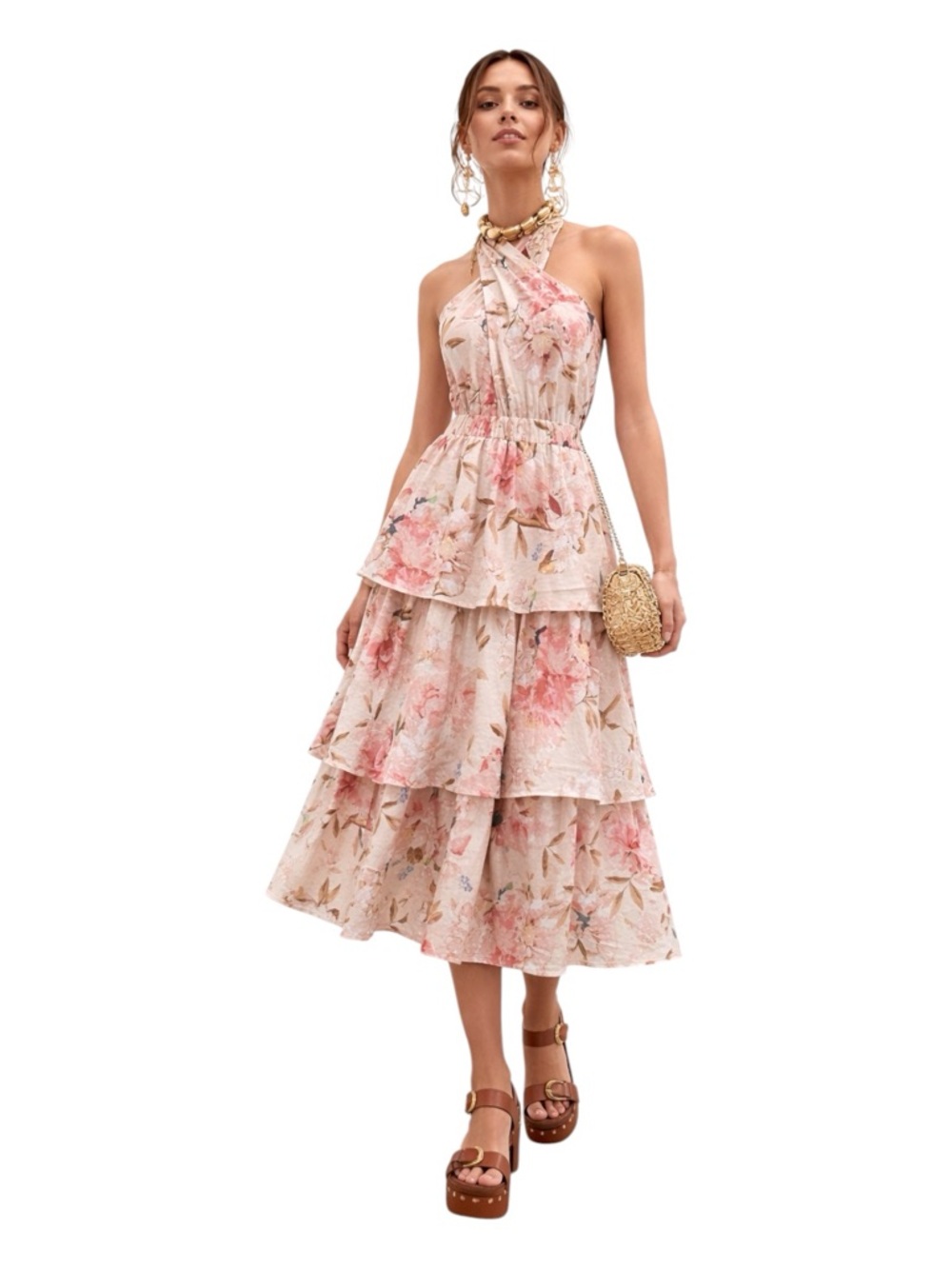 EXPRESS Floral Halter Tiered Midi Dress Womens Medium Romantic Boho Cottagecore
